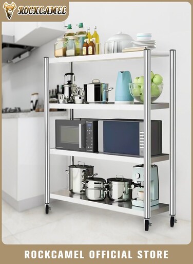 4 Tiers Storage Shelves with Wheels, Storage Kitchen Racks, Storage Shelf Multipurpose Rack for Living Room Bedroom Garage, Easy Assembly (White, 60x35x125cm)