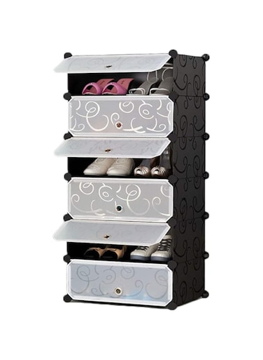 JJ-Boutique DIY Shoe Rack, Storage Drawer Unit Multi Use Modular Organizer Plastic Cabinet with Doors, Black and White Curly Pattern (6 cubes)