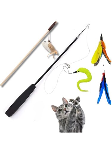 Kaligon All In One Interactive Cat Toys Wands Set - One Retractable Feather Teaser Cat Toy 3pcs Refills (3 section) + Wooden Stick Kitten Toy Wand Teasing Pet Toy (2 x Cat Toy Teaser Wands Set)