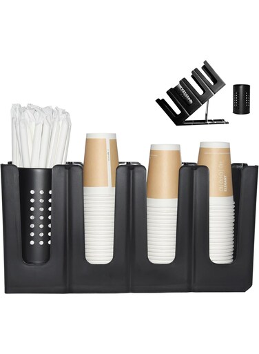 Paper Cup and Lid Holder with Straw Organizer, Disposable Coffee Cup Dispenser for Countertop Coffee Station Bar Restaurant Breakroom, Black