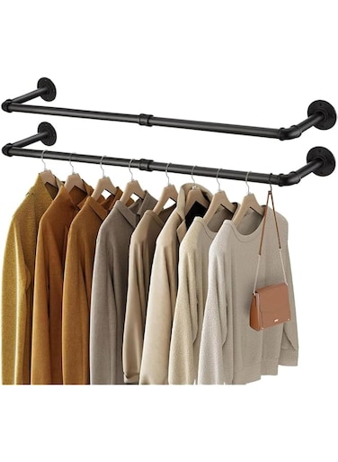 MostNow Clothes Rack, 36.2 Inch Industrial Pipe Wall Mounted Rack, Space-Saving Hanging Clothes Heavy Duty Detachable Garment Bar, Multi-Purpose Hanging Rod for Closet 2 Base (2 Pack)