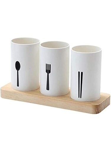 JANNAH Flatware Organizers Creative Chopsticks Drain Tableware Storage Box With Wooden Base Countertop Cutlery Organizer(White)