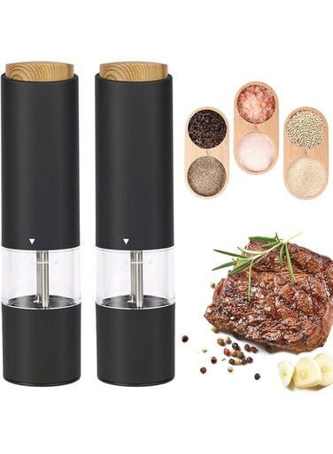 CENXI Electric Salt and Pepper Grinder Set, 2 Pack Automatic Salt &amp; Pepper Mill Shakers with LED Light, One Handed Operation(Wood Grain Button), Adjustable Coarseness, Battery Operated(Not Included)