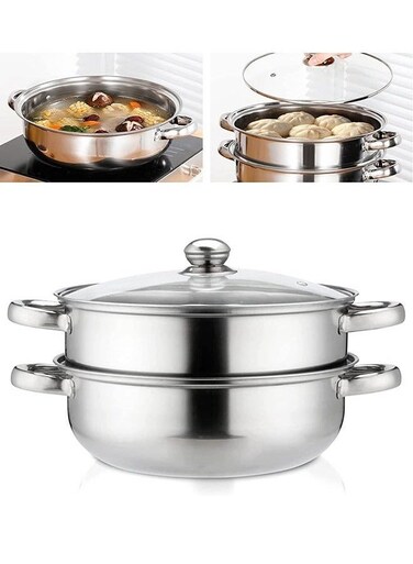 2-Tier Stainless Steel Steamer - Double Boiler Steaming Cookware with Glass Lid Handles On Both Sides Kitchen Cooking