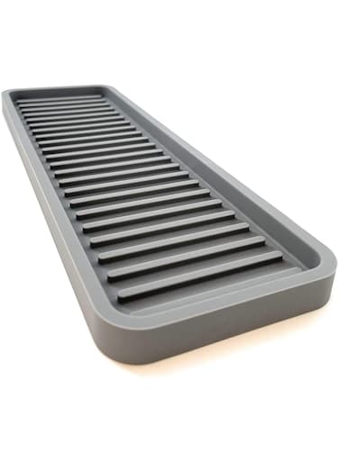 Happitasa Silicone Kitchen Sink Organizer Tray, Sponge Holder and Countertop Protector   Straight Lines Style (Grey, 12"x4")