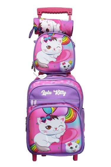 Cartoon Printed Kids School Trolley Backpack Set, 3 Pieces, 16.5 Inch Rolling Bag Lunch Box Pencil Case.Purple Pink Lulu Kitty