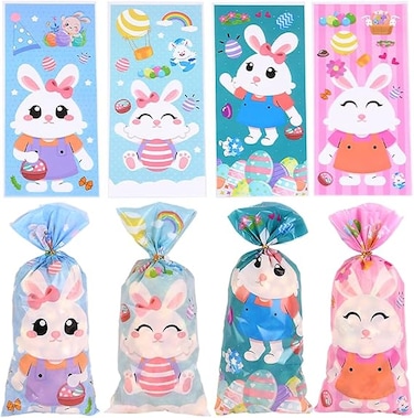 100pcs/Pack Easter Bunny Party Favor Bag Cartoon Rabbit Easter Egg Cookie Candy Popcorn Wrapping Bag for Easter Party Packing