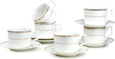 New Bone China Rosa Tea Cup &amp; Saucer Set, 220ml (White, 6 Cups, 6 Saucer)    Luxurious Tea Cup