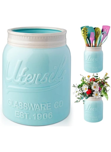 Comfify Wide Mouth Mason Jar Utensil Holder Decorative Kitchenware Organizer Crock, Chip Resistant Ceramic, Dishwasher Safe - Kitchen Caddy Aqua Blue, Large Size 7" High