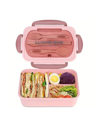 Children's And Adults' Lunch Box With Spoon And Fork, 1.4L Leak Proof, 3 Compartments, Microwave, Dishwasher And Refrigerator, Pink