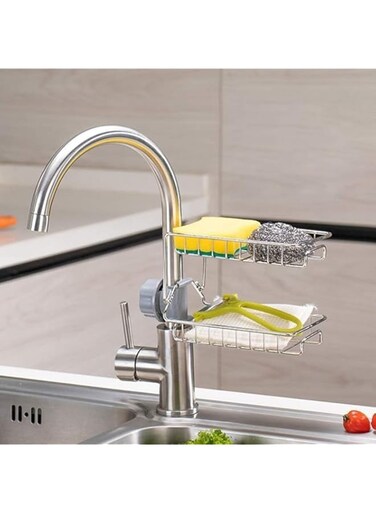 Sponge Holder for Kitchen Sink- 2 Tier Premium Stainless Steel Caddy Dish- Suction Organizer Basket with Perfect Drainage, Hanging Rack for Bathroom and Kitchen Soap Dish Sink Organize