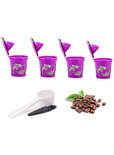 Reusable Coffee Filters, Refillable Espresso Coffee Capsules, Reusable Coffee Pods, K Cup Coffee Pod Filters &amp; Scoop, 304 Stainless Steel Microporous Mesh Filter, with Brush(4 Pack)