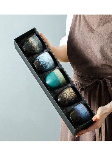 Set of 5 Ceramic Teacup Espresso Coffee Cup Porcelain Tea Cup Set Chinese Kung Fu Bowl Drinkware Box Package for Gifts 150ml