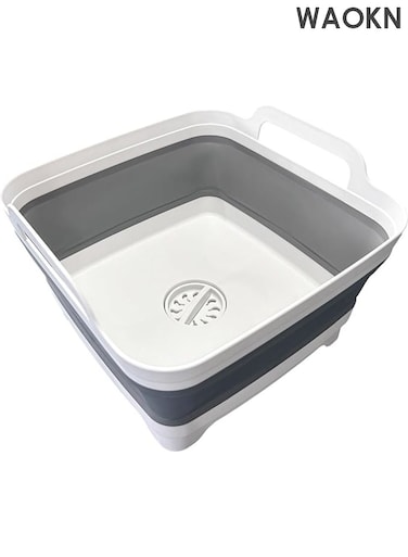 Dish Basin Collapsible with Drain Plug Carry Handles , Kitchen Storage Tray Dish Wash Basin , Portable Dish Tub , Foldable Dishpan for Camping , RV , Collapsible Drain Basket , Suitable for kitchen and camping , Gray .
