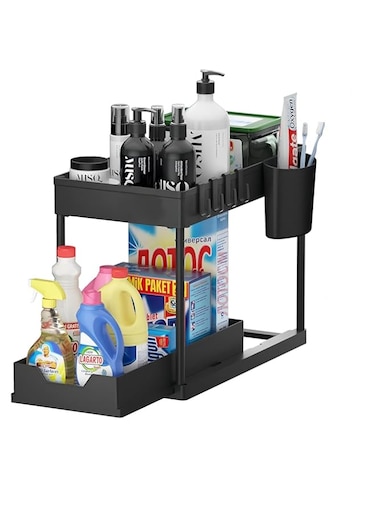 COOLBABY Under Sink Organizer, 2 Tier Multi-Purpose Large Capacity Kitchen Under Sink Organizers And Storage Easy Access Sliding Storage Drawer With Hooks And Hanging Cup For Bathroom Under Sink