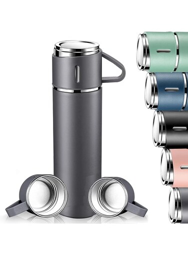 500ml Stainless Steel Vacuum Thermos Flask with Silicone Handle &acirc;&euro;&ldquo; Insulated Water Set with 2 Stainless Steel Cups for Hot &amp; Cold Drinks &acirc;&euro;&ldquo; Ideal for Outdoor Travel. Camping, Hiking   Gift Box Set (2 PACK) GREY