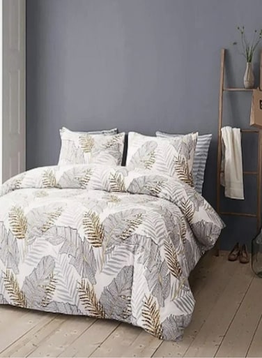 Home Queen size Elegant leaves duvet cover set without filling, white with gray