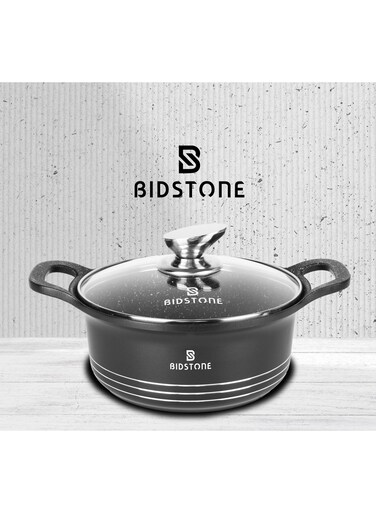 28cm Granite Cooking Pot &acirc;&euro;&ldquo; Aluminum Soup Casserole with Heat-Resistant Glass Lid   Fixed Handle   Multi-Layer Nonstick Coating   Oven &amp; Microwave Safe   100% PFOA-Free