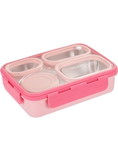 Lunch Box with Soup Bowl,850ml Stainless Steel Leak-proof Lunch Box,Compartments Food Container With Spoon And Chopsticks,Bento Box For Kids And Adults, Pink