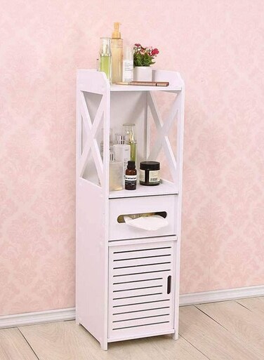 Small Bathroom Storage Corner Floor Cabinet with Doors and Shelves, Thin Toilet Vanity Cabinet, Narrow Bath Sink Organizer, Towel Storage Shelf for Paper Holder, White