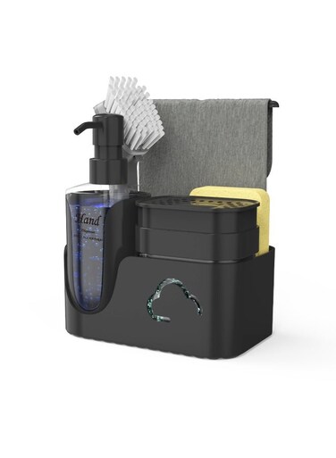 5-in-1 Hand and Dish Soap Dispenser Set with Sponge Holder, Brush Caddy &amp; Towel Rack, Dish Soap Pump Set with Hand Soap Dispenser, Kitchen Sink Organizer, All in One Sink Caddy (Black)