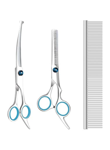 Maxshop Dog Grooming Scissors with Safety Round Tips, Heavy Duty Titanium Pet Grooming Trimmer Kit, Professional Thinning Shears, Straight Scissors with Comb for Dogs and Cats (Set of 3)
