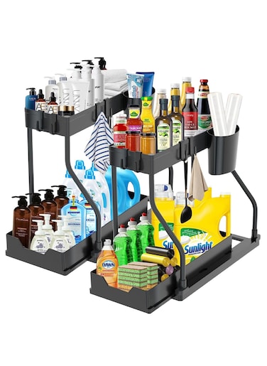 2pack Under Sink Organizer, 2 Tier Bathroom Cabinet Organizer with Sliding Basket, Multi-Purpose Under Sink Organizers and Storage for Bathroom Kitchen (8 Hooks,2 Cup)