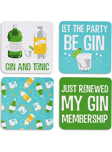 Pavilion Gift Company Gin &amp; Tonic Sentiment, Pattern And Character Holder 4" (4 Piece) Coaster Set With Box, 4 Inch Square, Multicolor
