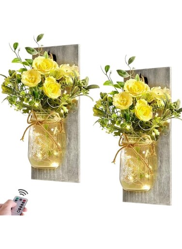Mumoo Bear Wall Decor Mason Jar Sconces - Rustic Farmhouse Home Decor with Remote Control Wall Lights and Yellow Rose for Bedroom Wall Decor Living Room Kitchen Decorations Set of Two