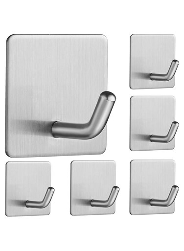JS Strong Self Adhesive Wall Hooks Stainless Steel 6PCs - Decorative Luxury Silver Hooks for Hanging Clothes/Towels/Curtains in UAE Home &amp; Kitchen &amp; Bathrooms &amp; Office