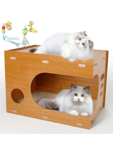NEXT VOGUE Cat Scratcher Lounge, Wooden Cat Scratcher House with Cardboard Pad, Double Layer Indoor Cat Home for Multi Cats Family Comes with 2 Pcs Door Hanging Cat Toys