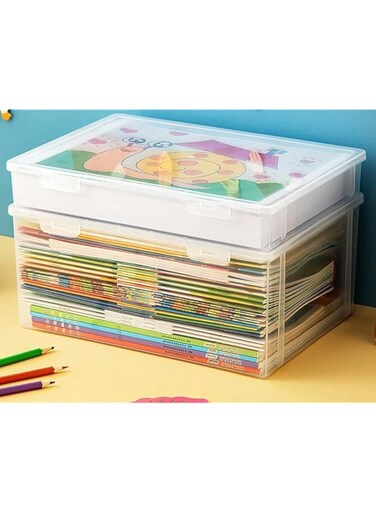 Premify 2Pcs Book Storage Box with Lids, Stackable Clear Plastic Boxes Office Organizer to Store Doccuments &amp; Stationery, Can Store Beads Kids Toys Cars Blocks Cubes Cratfs Puzzle Etc