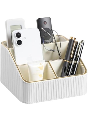 Remote Control Holder with 4 Compartments, PU Leather Small Nightstand Organizer for Home Desk Accessories Office Supplies, Multifunctional Stylish Small Bedside Desktop Organizers (White)