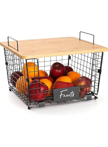 Oter 1 Pack, Stackable Rustic Bamboo &amp; Metal Rectangular Basket - Brown - Pantry, Cabinet, Countertop, Bathroom Organizer - Fruit, Vegetable, Bread, Spice Jar, K-Cup Coffee Pods Storage