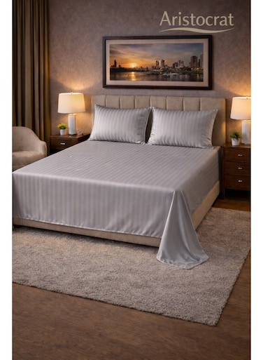 3&acirc;&euro;&lsquo;Piece Striped Microfiber Flat Bed Sheet Set Super King 240x260cm &acirc;&euro;&ldquo; Soft Breathable Flat Sheet with 2 Pillowcases 50x70cm, Silver Microfiber Silver 240x260cm