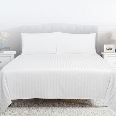 INFINI HOMES White &amp; Stripe Cotton Flat Bedsheet Single 160X220 CM - Premium Quality Soft and Breathable Fabric for Luxurious Comfort