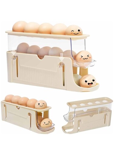 Tazweeq Rolling Egg Tray for Refrigerator, 3 Tier Organizer, Space Saving Container Collapsible Dispenser Container (Cream)