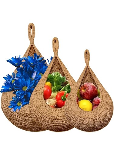 3 Pack Handwoven Boho Hanging Fruit Baskets for Kitchen, Bohemian Hanging Teardrop Basket Organizer for Fruit Vegetable Potato Onion,Storage Bathroom Back of Door