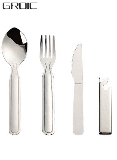 4-Pieces Stainless Steel Flatware Cooking Cookware Knife Fork Spoon Bottle opener Set Camping Utility Cutlery Kit with Carrying Bag for Traveling Picnic Hiking