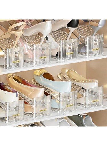 Shoe Slots Organizer, 6 Pack Adjustable Shoe Rack with 2 Levels, Clear Shoe Stacker Double Layer Shoe Space Saver, Shoe Stacker Holder Storage, Sneakers Display Tray Rack for Closet (Brown, 6 Pack)