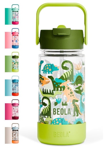 500ml Kids Water Bottle with Straw Lid and Silicone Protective Boot, Tritan Plastic, BPA BPS FREE Leak Proof and Drop Resistant Kids Water Bottles for School (Dino Dreams)