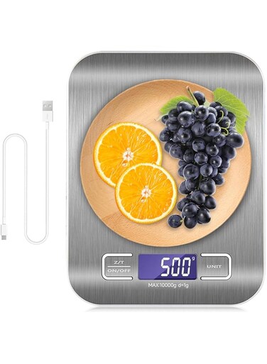 Autbye Digital Kitchen Scale USB Rechargeable, 10kg/22lb Stainless Steel Kitchen Scale with LCD Display, Tare Function, Multifunctional Food Scale for Kitchen