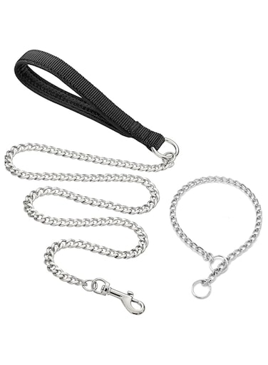 5.91ft Metal Dog Leash and 1.8ft Dog Training Chain Collar,Heavy Duty Dog Leash,with Padded Handle for Large Medium Dogs