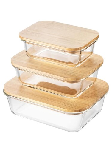 Helix Glass Food Storage Containers with Bamboo Lids - Natural, 3 Piece, 1040ml, Oblong, BPA Free, Plastic Free, Eco-Friendly, Shatterproof