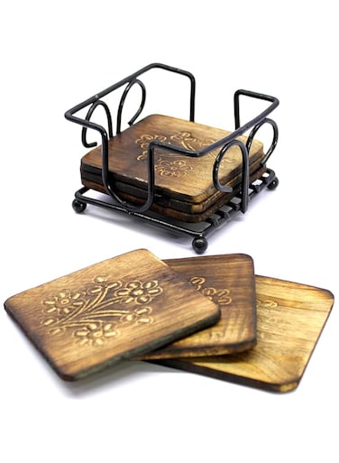 StonKraft Wooden Tea Coffee Coasters/Rustic Vintage Look Coasters Set with Wrought Iron Holder