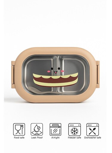 2-Compartment Stainless Steel Lunch Box with Spoon, Cartoon Lid, Leakproof Design, Removable Tray, BPA-Free &acirc;&euro;&ldquo; 1L, for School, Office, Travel