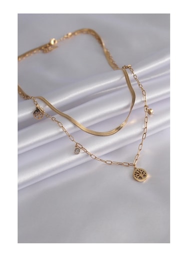 Steel Gold Color Double Necklace With Tree Of Life Pendant