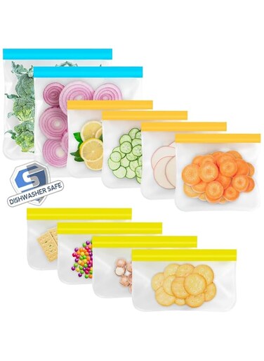 ALMEKAQUZ Reusable Storage Bags, 10 Pack Dishwasher Safe Reusable Storage Bags, Leakproof Freezer Bag, Plastic Free Lunch Bags Food Storage for Marinate Meats, Sandwich, Snack, Cereal, Travel Item.