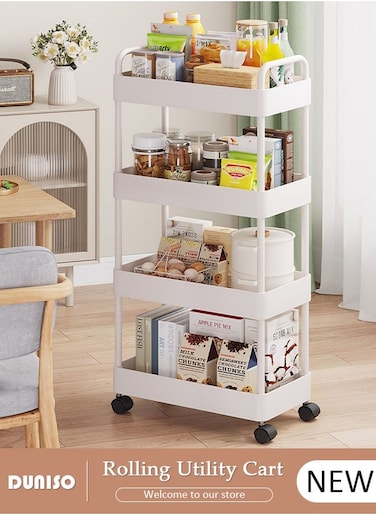 4 Tier Rolling Utility Cart Organizer, Rolling Metal Storage Organizer,Mobile Utility Cart,Kitchen Trolley Cart,Mobile Shelving Unit For Kitchen, Bedroom, Bathroom, Office, Laundry Room And Garage