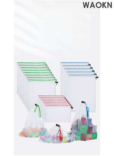 20 reusable storage mesh bags, polyester bundle pocket style mesh bags, can be used to store fruits, vegetables, toys and other storage mesh bags, healthy, environmentally friendly and safe storage mesh bags.